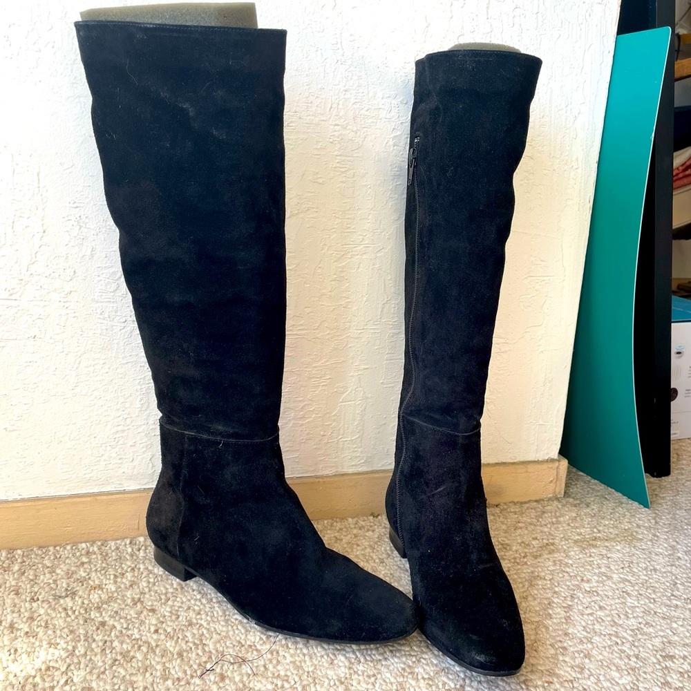 Delman black suede tall boots riding mod 60s vintage style flat heel